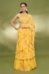 Buy_Foram Patel_Yellow Georgette Printed Paisley Ruffle Pre-draped Saree With Embroidered Blouse _at_Aza_Fashions