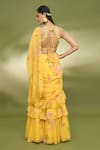 Shop_Foram Patel_Yellow Georgette Printed Paisley Ruffle Pre-draped Saree With Embroidered Blouse _at_Aza_Fashions