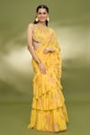 Foram Patel_Yellow Georgette Printed Paisley Ruffle Pre-draped Saree With Embroidered Blouse _Online_at_Aza_Fashions