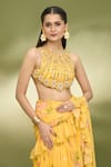 Foram Patel_Yellow Georgette Printed Paisley Ruffle Pre-draped Saree With Embroidered Blouse _at_Aza_Fashions