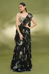 Buy_Foram Patel_Black Georgette Printed Pattern Ruffle Pre-draped Saree With Embroidered Blouse _at_Aza_Fashions