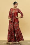 Buy_SHRADDHA RAMBHIA_Red Slub Silk Embroidered Floral Round Print Tunic With Slit Palazzo _at_Aza_Fashions