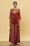 SHRADDHA RAMBHIA_Red Slub Silk Embroidered Floral Round Print Tunic With Slit Palazzo _Online_at_Aza_Fashions