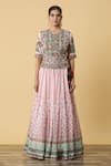 SHRADDHA RAMBHIA_Pink Slub Silk Embroidered Thread Round Floral Blossom Print Lehenga Set _Online_at_Aza_Fashions