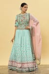 Buy_SHRADDHA RAMBHIA_Green Slub Silk Embroidered Blossom Print Lehenga Set With Embellished Blouse _at_Aza_Fashions