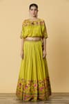 SHRADDHA RAMBHIA_Yellow Slub Silk Embroidered Thread Round Blossom Lehenga Set _Online_at_Aza_Fashions