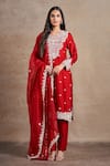 Buy_Stotram_Red Kurta And Pant Pure Silk Embroidered Thread V-neck Floral Set_at_Aza_Fashions