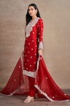 Shop_Stotram_Red Kurta And Pant Pure Silk Embroidered Thread V-neck Floral Set_at_Aza_Fashions