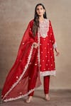 Stotram_Red Kurta And Pant Pure Silk Embroidered Thread V-neck Floral Set_Online_at_Aza_Fashions