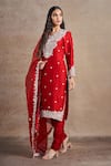 Shop_Stotram_Red Kurta And Pant Pure Silk Embroidered Thread V-neck Floral Set_Online_at_Aza_Fashions