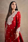 Stotram_Red Kurta And Pant Pure Silk Embroidered Thread V-neck Floral Set_at_Aza_Fashions