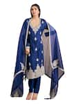 Buy_Stotram_Blue Kurta And Pant Pure Silk Embroidered Zardozi Notched Set 