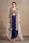 Buy_Stotram_Purple Blouse And Skirt Pure Silk Embroidered Dori Cape Open Asymmetric Set_at_Aza_Fashions