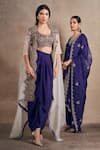 Stotram_Purple Blouse And Skirt Pure Silk Embroidered Dori Cape Open Asymmetric Set_Online_at_Aza_Fashions