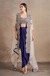 Buy_Stotram_Purple Blouse And Skirt Pure Silk Embroidered Dori Cape Open Asymmetric Set 