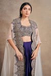 Shop_Stotram_Purple Blouse And Skirt Pure Silk Embroidered Dori Cape Open Asymmetric Set 