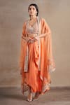 Buy_Stotram_Coral Blouse And Skirt Pure Silk Embroidered Dori Cape Open Vine Set _at_Aza_Fashions