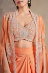 Buy_Stotram_Coral Blouse And Skirt Pure Silk Embroidered Dori Cape Open Vine Set _Online_at_Aza_Fashions