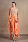 Stotram_Coral Blouse And Skirt Pure Silk Embroidered Dori Cape Open Vine Set _at_Aza_Fashions