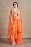 Buy_Stotram_Coral Blouse And Skirt Pure Silk Embroidered Dori Cape Open Vine Set _at_Aza_Fashions