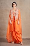 Shop_Stotram_Coral Blouse And Skirt Pure Silk Embroidered Dori Cape Open Vine Set _Online_at_Aza_Fashions