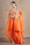 Buy_Stotram_Coral Blouse And Skirt Pure Silk Embroidered Dori Cape Open Vine Set 