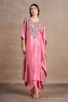 Buy_Stotram_Pink Pure Silk Embroidered Dori V-neck Floral Kaftan With Draped Skirt_at_Aza_Fashions