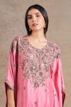 Stotram_Pink Pure Silk Embroidered Dori V-neck Floral Kaftan With Draped Skirt_Online_at_Aza_Fashions