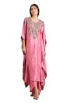 Shop_Stotram_Pink Pure Silk Embroidered Dori V-neck Floral Kaftan With Draped Skirt_Online_at_Aza_Fashions