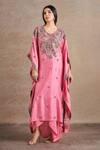 Shop_Stotram_Pink Pure Silk Embroidered Dori V-neck Floral Kaftan With Draped Skirt