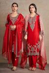 Stotram_Red Kurta And Pant Pure Silk Embroidered Sequin Round Thread & Handwork Set _Online_at_Aza_Fashions