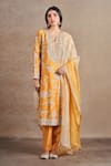 Buy_Stotram_Yellow Kurta And Pant Pure Silk Embroidered Sequin Notched Floral Handwork Set_at_Aza_Fashions