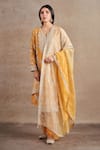 Shop_Stotram_Yellow Kurta And Pant Pure Silk Embroidered Sequin Notched Floral Handwork Set _at_Aza_Fashions