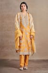 Stotram_Yellow Kurta And Pant Pure Silk Embroidered Sequin Notched Floral Handwork Set _Online_at_Aza_Fashions