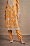 Shop_Stotram_Yellow Kurta And Pant Pure Silk Embroidered Sequin Notched Floral Handwork Set_Online_at_Aza_Fashions