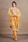 Stotram_Yellow Kurta And Pant Pure Silk Embroidered Sequin Notched Floral Handwork Set _at_Aza_Fashions