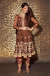 Shop_Sidhaarth & Disha_Brown Anarkali And Dupatta Organza Embroidery Dori High Gulshan Bagh Gota Set _at_Aza_Fashions