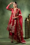 Shop_Sidhaarth & Disha_Red Anarkali And Palazzo Crush Silk Embroidered Sequin Stripe Thread Set _at_Aza_Fashions