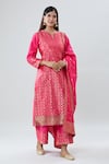 Buy_Peenacolada_Pink Silk Floral Boota Notched Neck Pattern Kurta Pant Set_at_Aza_Fashions