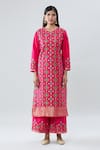 Peenacolada_Pink Silk Geometric Boota Notched Pattern Neck Kurta Pant Set _Online_at_Aza_Fashions