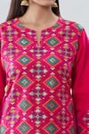 Shop_Peenacolada_Pink Silk Geometric Boota Notched Pattern Neck Kurta Pant Set _Online_at_Aza_Fashions