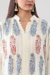 Shop_Peenacolada_Cream Mulmul Block Printed Floral Mandarin Collar Pattern Kurta Pant Set_Online_at_Aza_Fashions