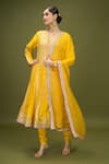 Gopi Vaid_Yellow Embroidered Floral Notched Gol Aarohi Anarkali Set _Online_at_Aza_Fashions