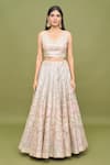 VARUN NIDHIKA_Peach Embroidery Sequin V Chevron Bridal Lehenga Set _Online_at_Aza_Fashions