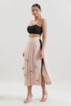 House of Behram_Pink Textured Crepe Embroidered Floral Applique Scoop Pleated Midi Skirt _at_Aza_Fashions