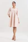 Buy_House of Behram_Pink Textured Crepe Round Flared Dress _Online_at_Aza_Fashions