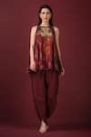 Buy_SONIA BADERIA_Maroon Kurta Semi Raw Silk Printed Floral Flared Peplum And Tulip Pant Set _at_Aza_Fashions