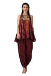 Buy_SONIA BADERIA_Maroon Kurta Semi Raw Silk Printed Floral Flared Peplum And Tulip Pant Set _Online_at_Aza_Fashions