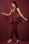 Shop_SONIA BADERIA_Maroon Kurta Semi Raw Silk Printed Floral Flared Peplum And Tulip Pant Set _Online_at_Aza_Fashions