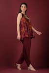 SONIA BADERIA_Maroon Kurta Semi Raw Silk Printed Floral Flared Peplum And Tulip Pant Set _at_Aza_Fashions